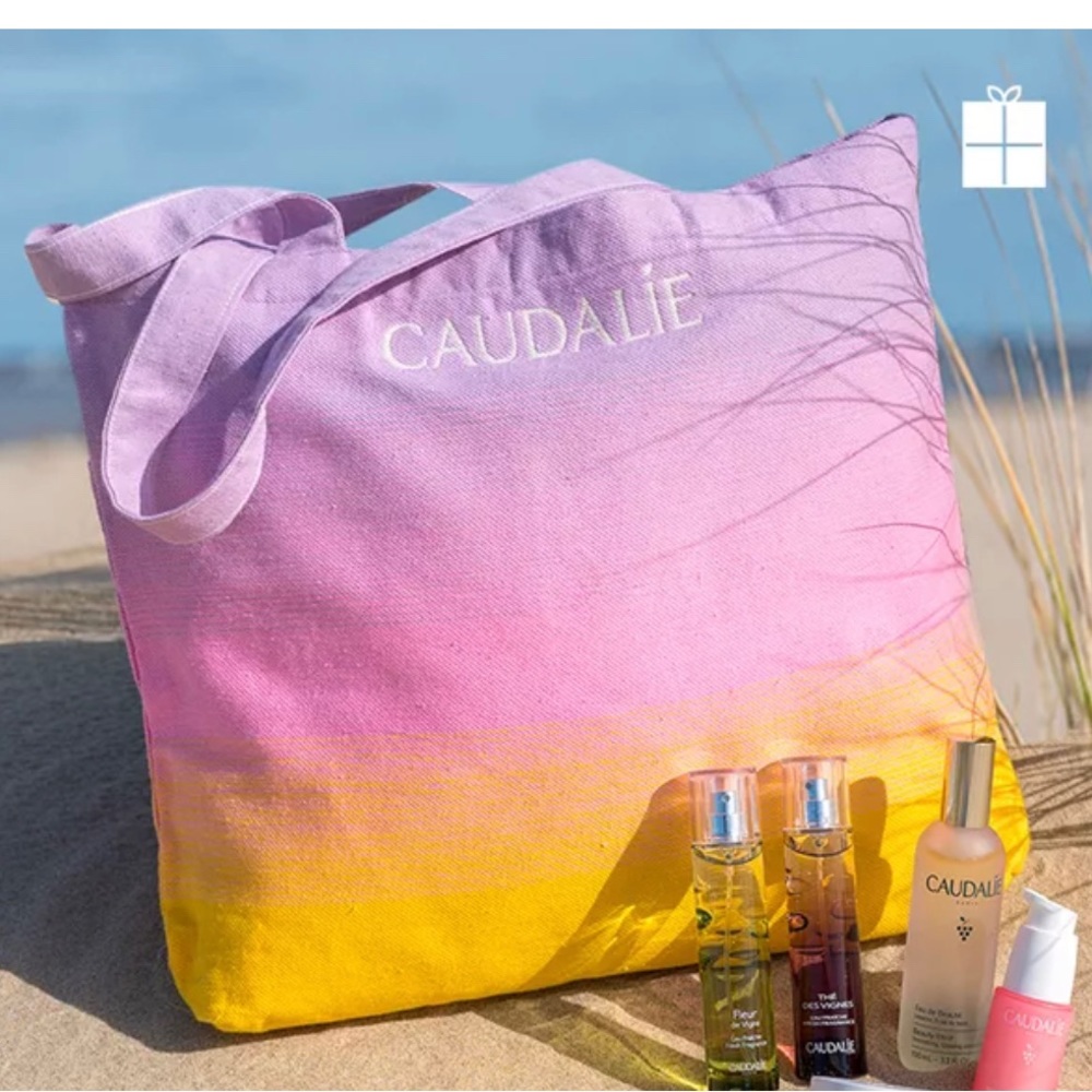 NWOT Caudalie summer tote bag, 100% recycled materials, purple, pink, yellow